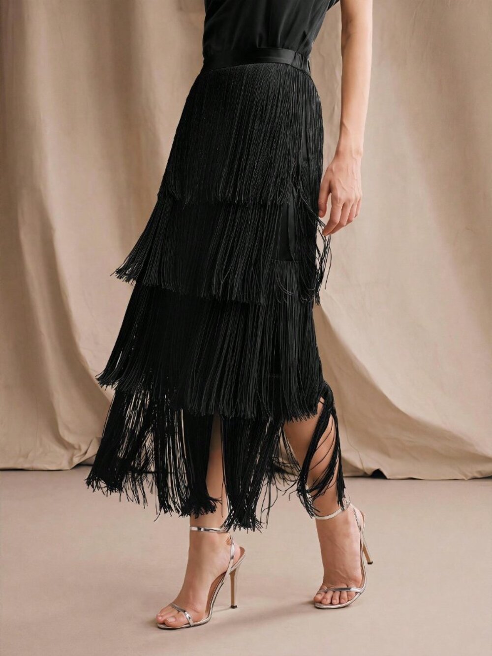 Black Party Women's High Waist Fringe Tiered Layer Zip Midi Skirt